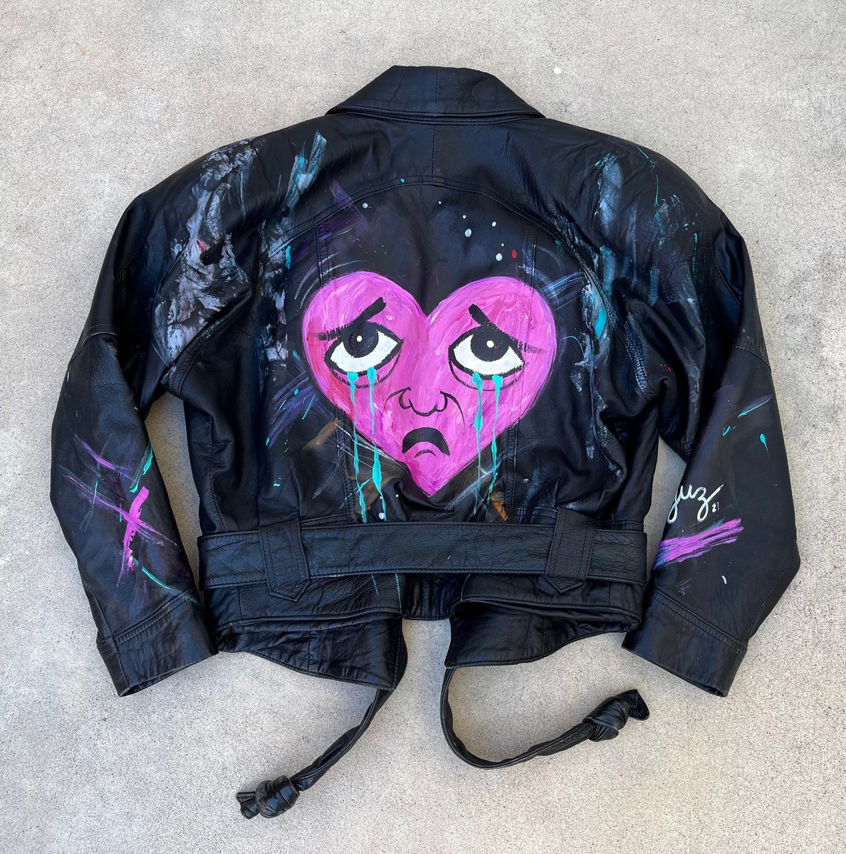 Hand-Painted Crying Sad Heart Vintage Leather Jacket XS Hand-Painted Crying Sad Heart Vintage Leather Jacket XS