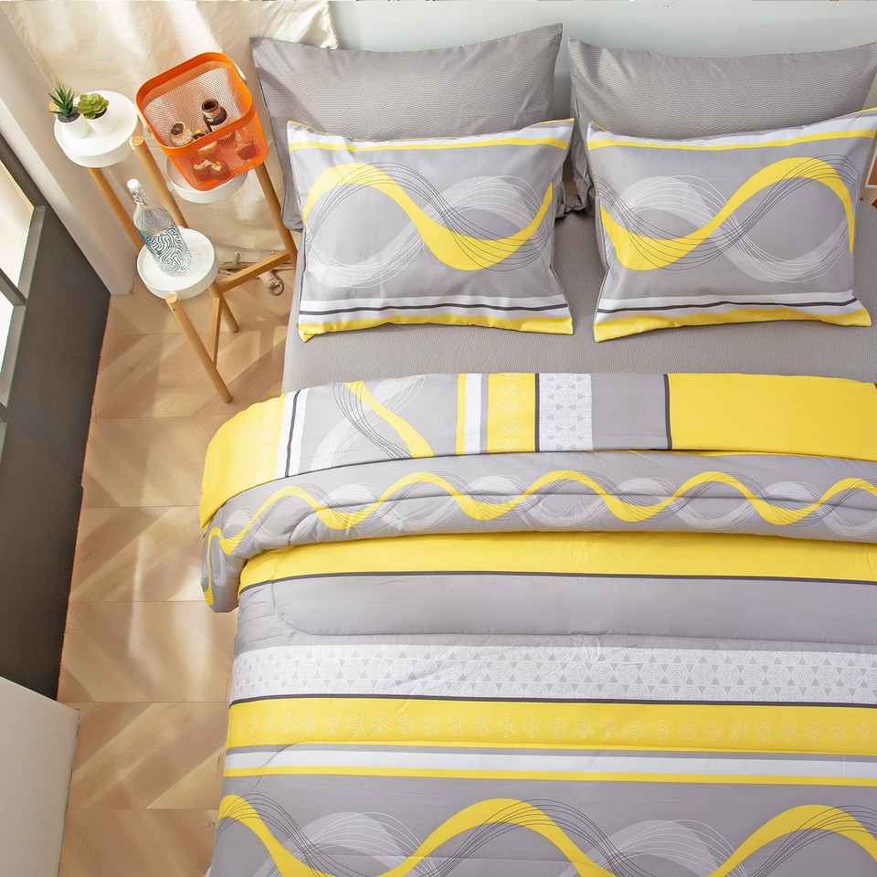 Yellow Comforter Set Queen Size, Striped 7 Pieces Bed in A Bag Gray and