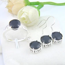 Holiday Gifts Jewelry Set Round Black Onyx Silver Earrings Necklace Ring 7 8 9