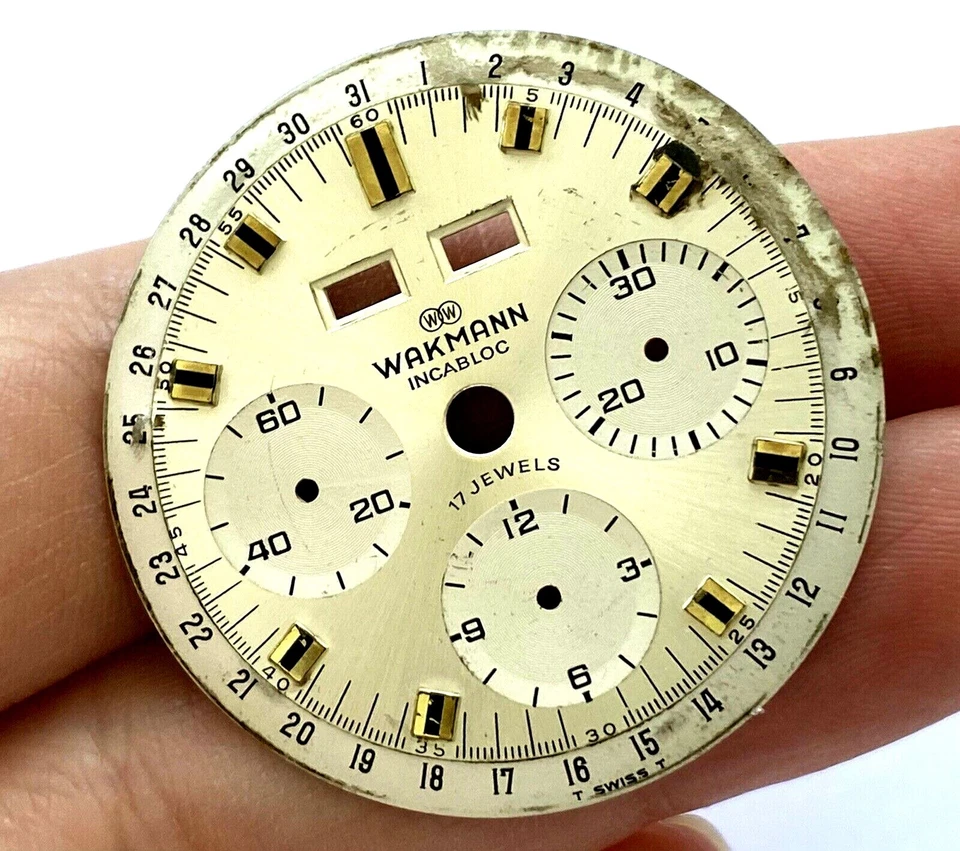 Reloj cronógrafo Wakmann vintage repuestos triple esfera blanca 32,5 mm fecha día Foto 3 de 4