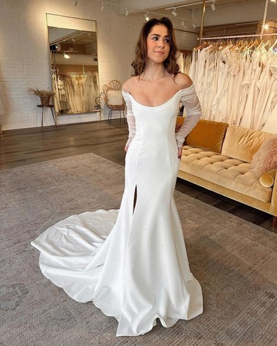 Mermaid Wedding Dresses Long Sleeves Side Split Boat Neck Beach Bridal Gowns - Picture 3 of 10