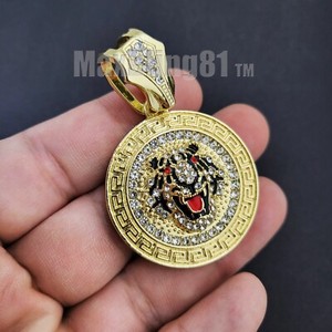 Authentic Iced Gold plated Cubic Zirconia Tiger Medal Pendant & Cuban Chain Necklace