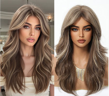 Long Wavy layered Brown Highlight Mix Synthetic Hair Wigs Women Soft Natural