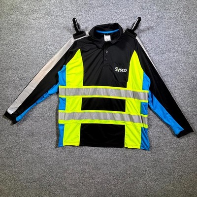 Aramark Sysco Hi Vis Polo Shirt Mens XL Black Yellow Reflective Safety Workwear