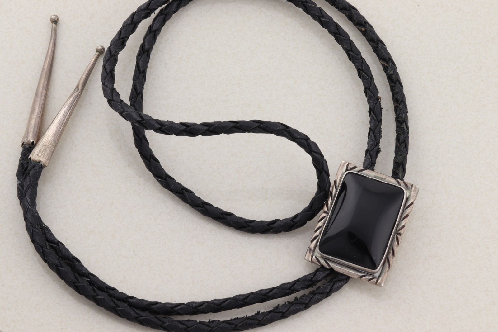 Sterling Silver Onyx  Bolo Leather Cord 19" Long Top to Bottom