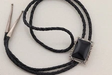 Sterling Silver Onyx  Bolo Leather Cord 19" Long Top to Bottom
