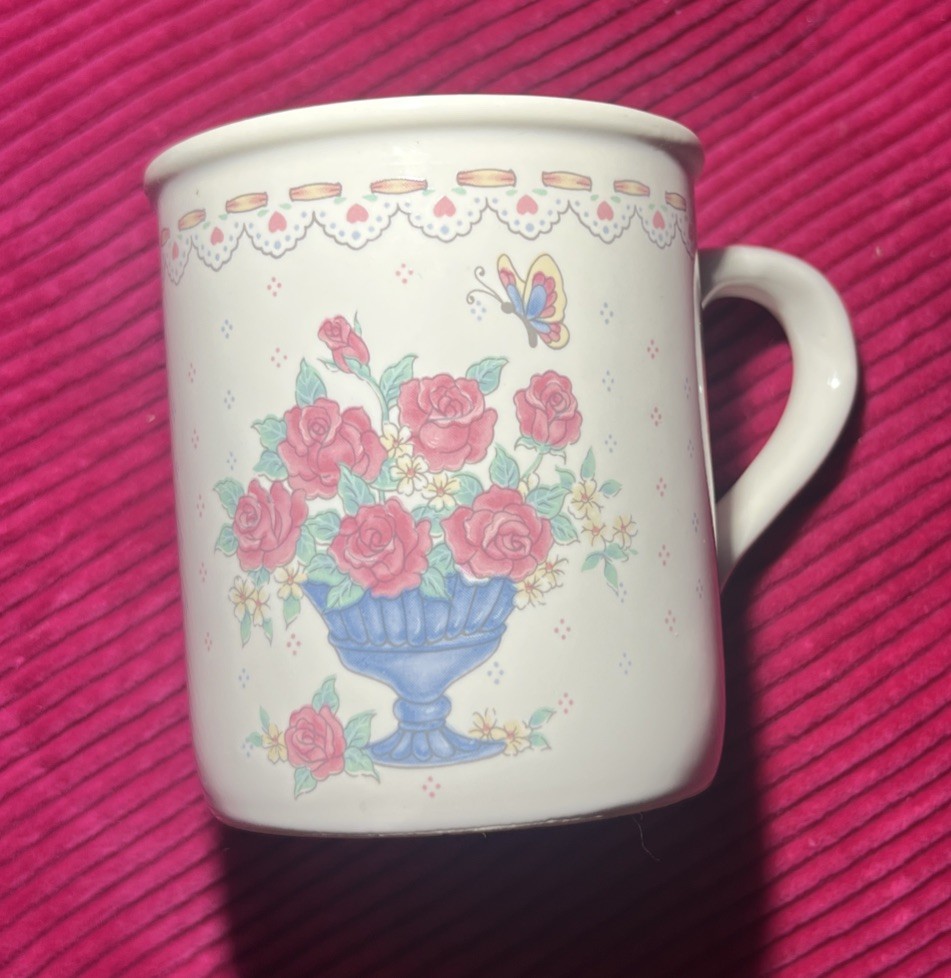 Vintage Cottagecore Coffee Mug Butterfly Floral Embroidered Grandmacore