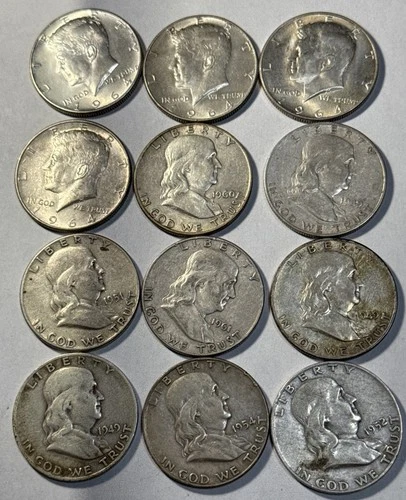 Lot of 12 90% Silver Half Dollars w/ 4 Kennedy + 8 Franklin COBM-9719