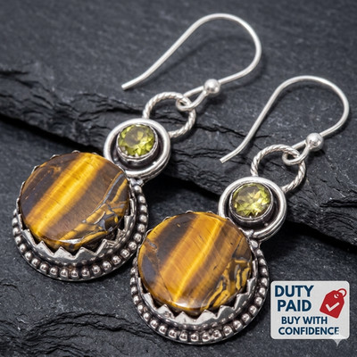 Sterling Silver Genuine Tiger Eye Elegant Handcrafted Dangling Earrings Jewelry
