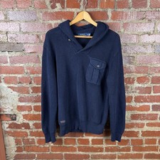 Polo Ralph Lauren Sweater Mens Large Navy Cotton Shawl Collar Pocket Pullover