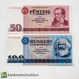 EAST GERMANY: Set of 2 East German Mark Banknotes.