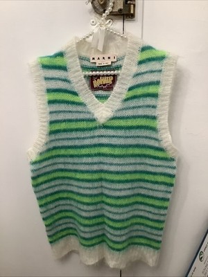 Marni Mohair Fuzzy Wuzzy Brushed Stripe Green V-Neck Vest Unisex Sz 48- L NWOT