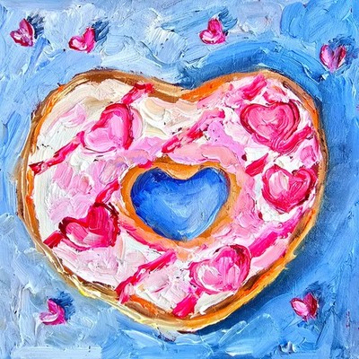 Romantic Heart Donut Oil Painting 15x15cm Original Oil Painting on Painting Board