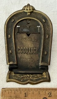 ANTIQUE BRASS ADVERTISING DESK CLIP PAPER SIGN 1870 M MYERS GOOD LUCK HORSE SHOE