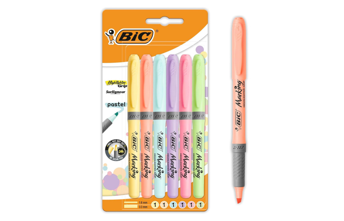 BIC Highlighter Grip Pastel, Highlighter Pens with Adjustabl