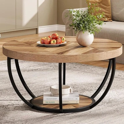 TRIBESIGNS Wooden Round Coffee Table, 2-Tier Modern Accent Centre Table w/ Storage Shelves