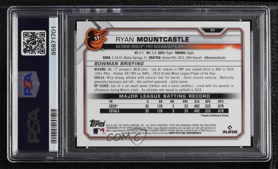 2021 Bowman Chrome Sapphire Edition /25 Ryan Mountcastle PSA 10 GEM MT Rookie RC - Image 2 of 2
