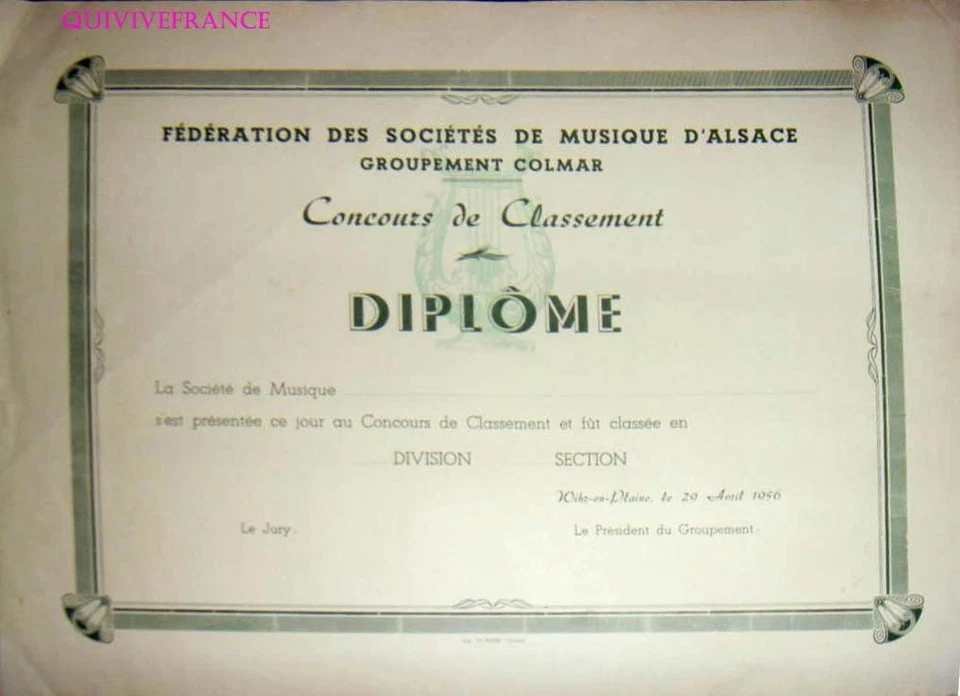 DIPL308 - DIPLOME FEDERATION DES SOCIETES DE MUSIQUE D'ALSACE 1956 COLMAR - Photo 1/1