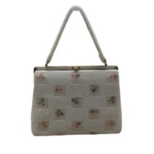 Vintage Lumured Women  s White Beaded Floral Pattern Clasp Closure Handbag