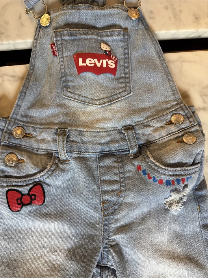 Levis Hello Kitty Distressed Denim Overalls Size 4T Youth Girls Light Wash - Image 2 of 4