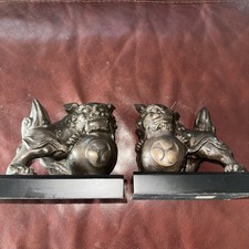 Pair Foo Dogs Bronze Metal Wooden Base Asian
