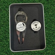 Talk Birdie + Trophy Husband Golf BallMarker Kit – Divot Tool, Magnetic Hat Clip