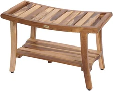 30" Long Natural Wood Shower Bench with Shelf and LiftAide Arms