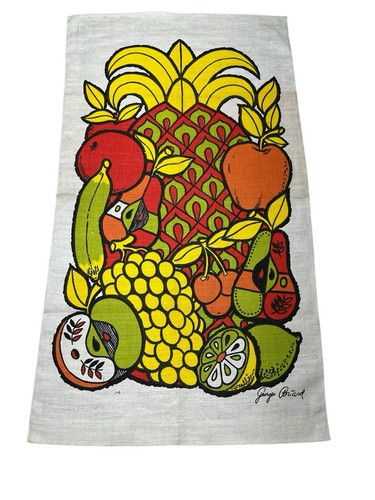 Georges Briard Tea Towel Fruits Lime Green Orange Red Linen 16" X 29" 1960's Vtg