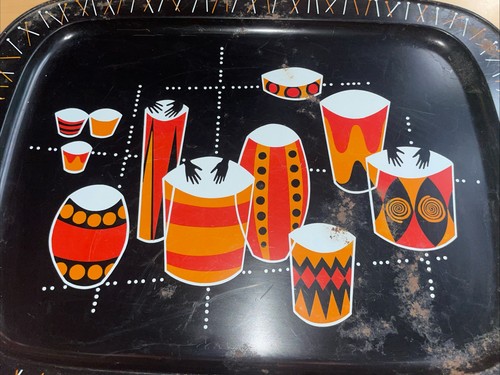 Rare Metal Tray Bongo Drum Hands Drumming Calypso Style MCM Tiki 21”x16” Rounded - Picture 4 of 9