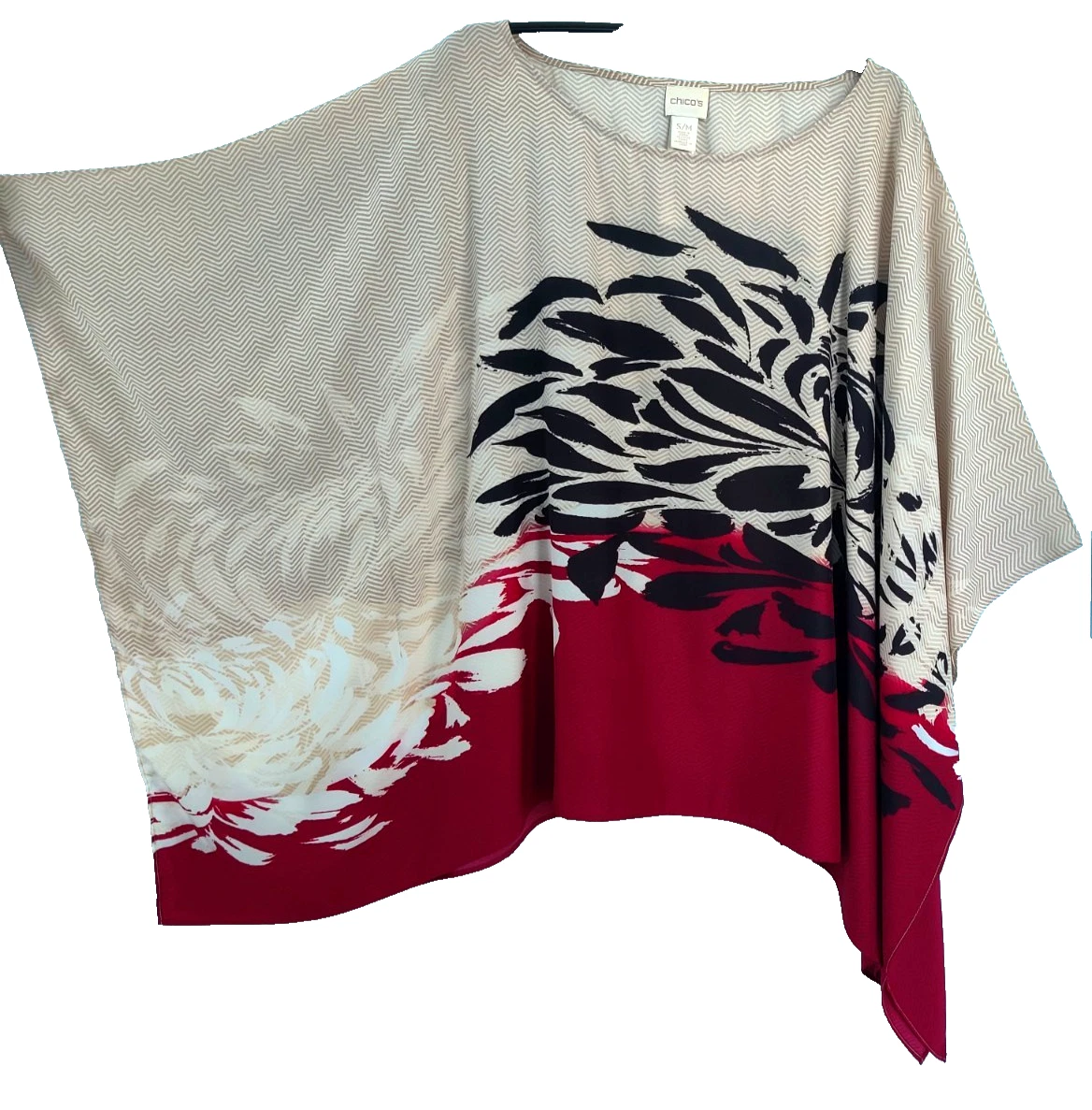 Chico's S/M Poncho Cover Up Top Blouse Shirt Abstract Print Black Tan Brick Red