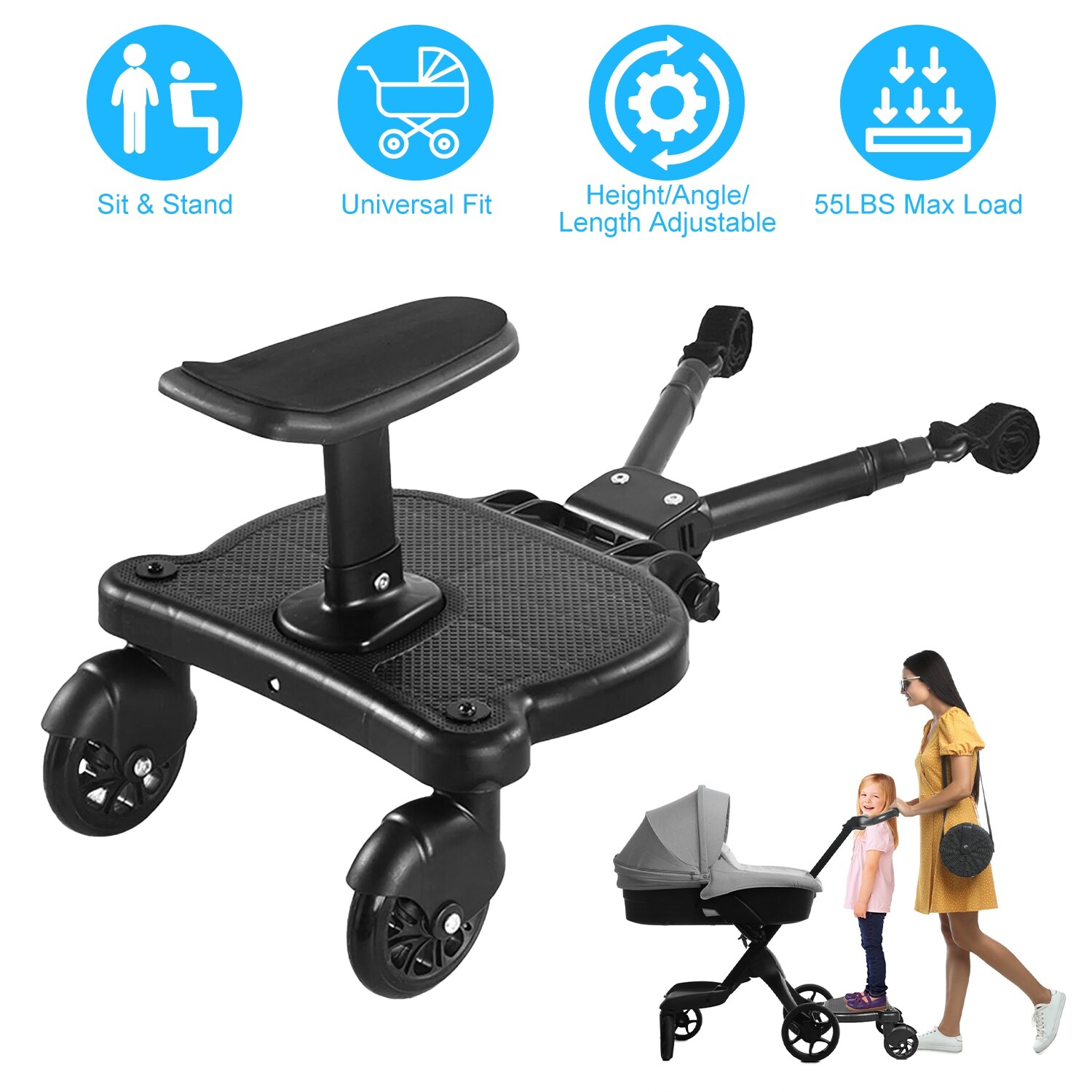 Portable Adjustable Stroller Board with Removable Seat for Toddlers  