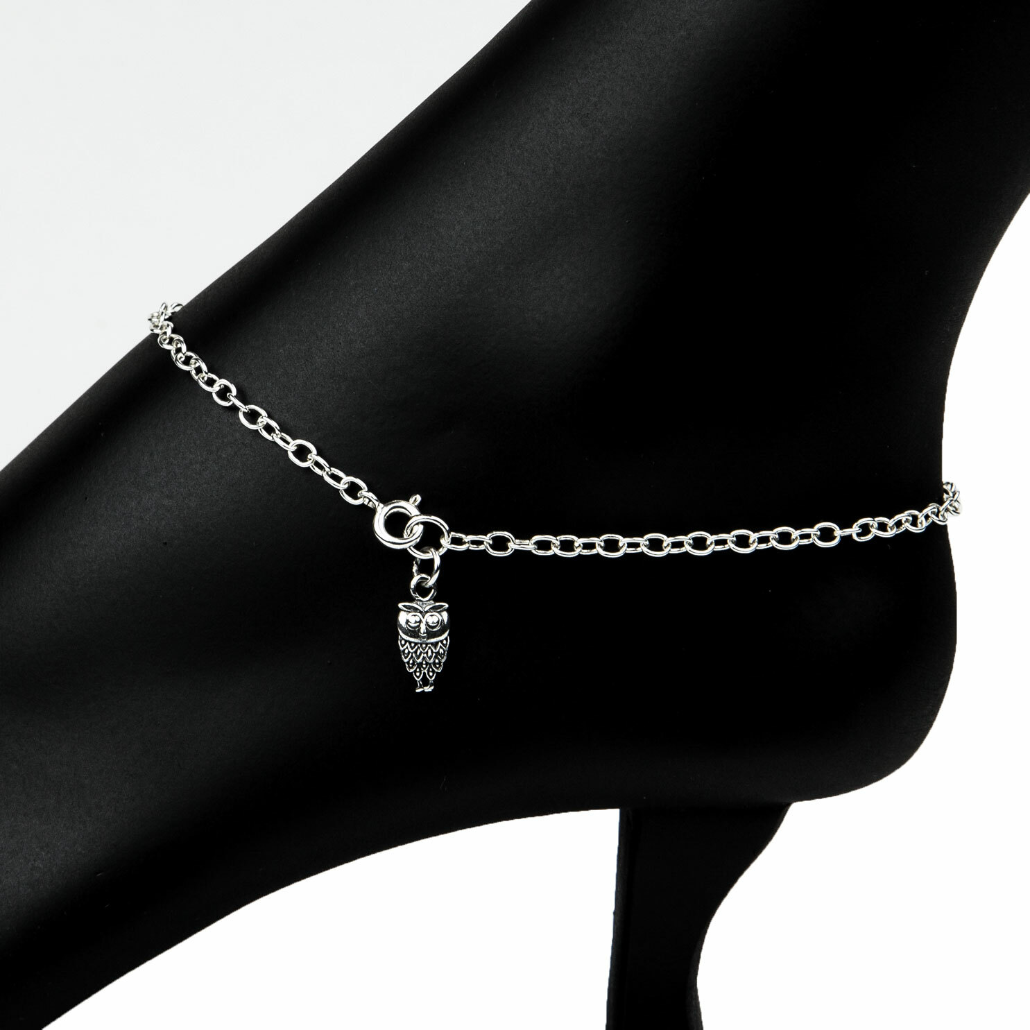 ANKLET STERLING SILVER 925 OVAL CABLE CHAIN WITH DANGLE CHARM-image
