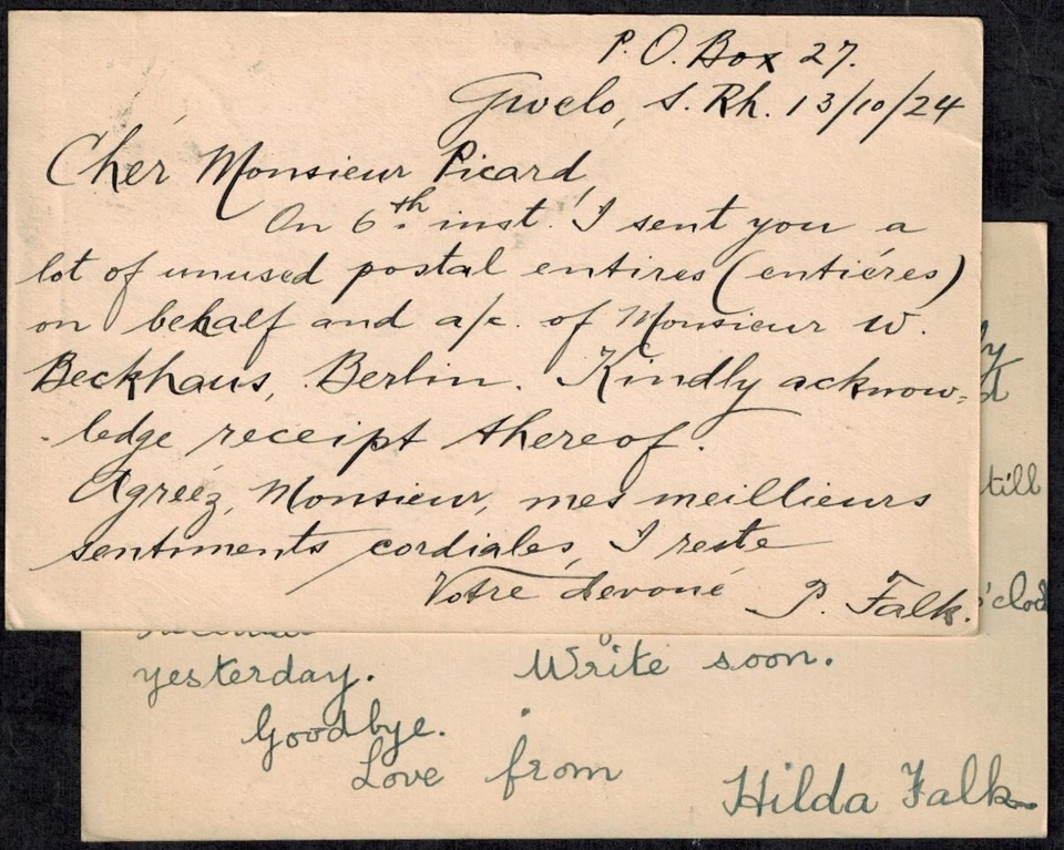 Postal Southern Rhodesia 1924 King George V 1/2d verde y 1d roja usada RARA Foto 2 de 2