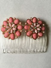 Handmade PINK  IRIDESCENT CLEAR Stones FLOWER Shaped, JEWELED, CLEAR HAIR COMB
