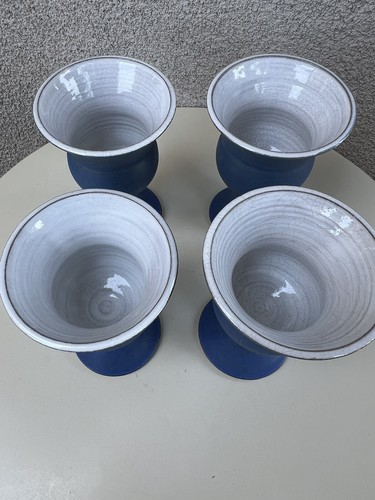 Vtg Pedestal Goblets Pottery Wine Cups Blue White Set 4 5 1/4” - Picture 7 of 9