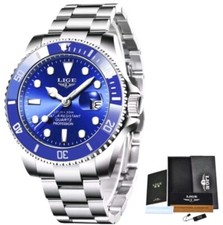 Lige Mens Diver Wristwatch Luxury Quartz Waterproof Sports Blue Business Watch  