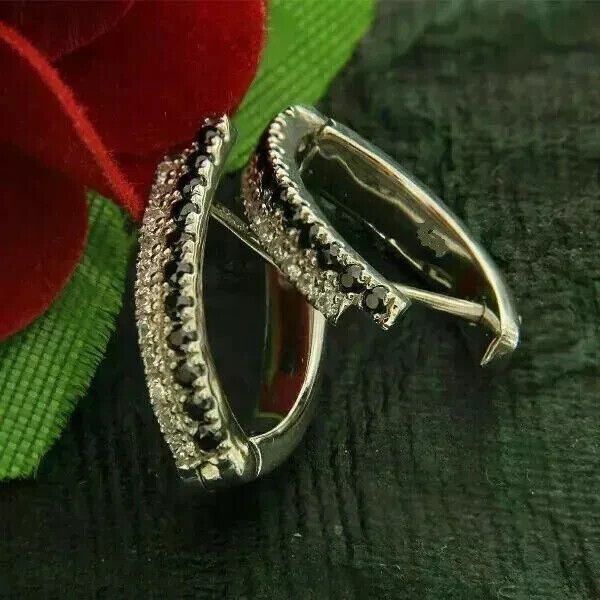 14K White Gold Plated Black Simulated Diamond Round Cut Women’s Hoop Earrings for Elegance and Style