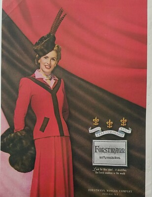1948 women's Forstmann Woolen suit suit fur muff feather hat vintage fashion ad