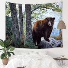 Wildlife Tapestry Wall Hanging Large Bear Cliffs Tree Nature Fabric Room Decor