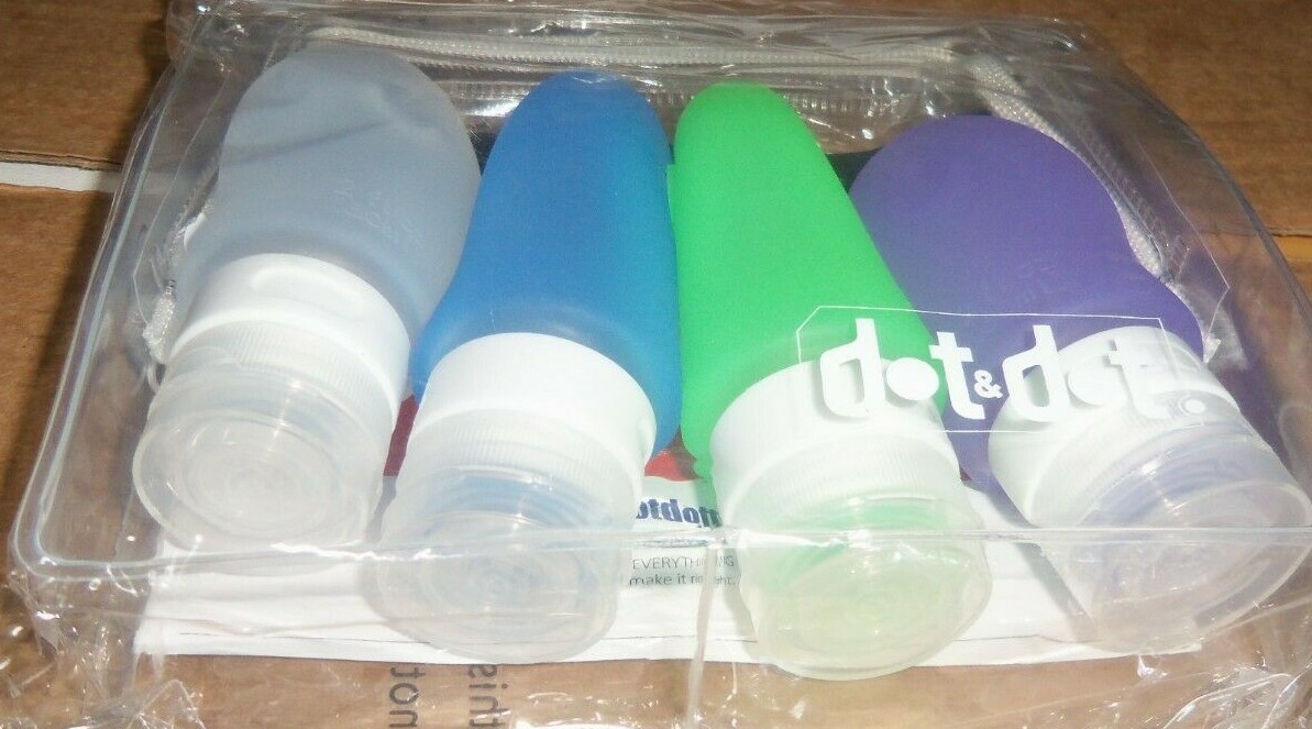 4 pk lot DOT & DOT 2oz SILICONE TRAVEL BOTTLE FOR SOAP/LOTION/SHAMPOO/ETC