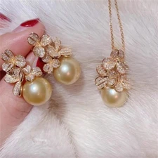 Gorgeous AAAAA 10-11mm south sea Golden ROUND pearl pendant earring set 925s