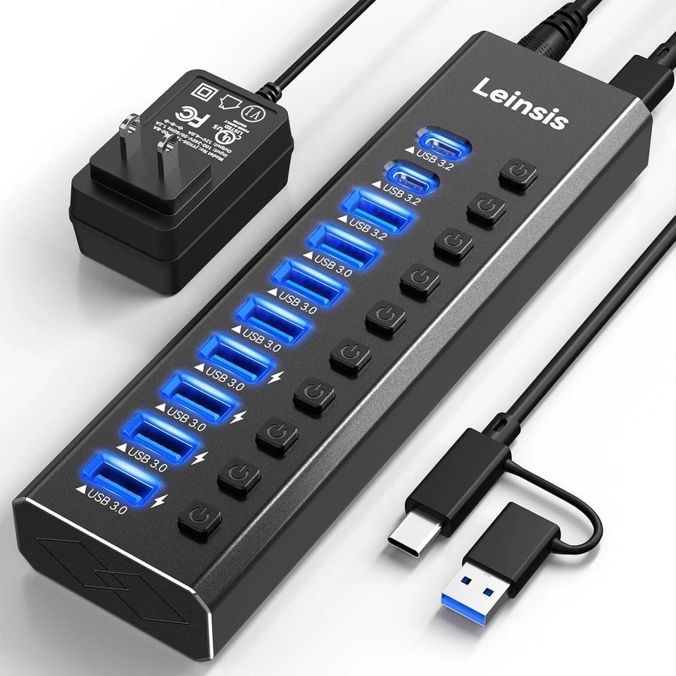10-Port USB 3.2 Hub with Power Adapter & Individual Switches for Devices - Image 3 of 4