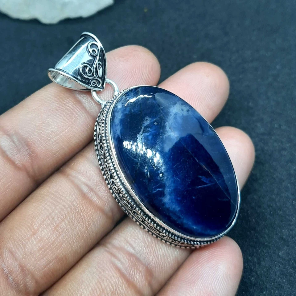 Colgante de plata de ley 925 con piedras preciosas ovaladas de sodalita 2 1/2" Foto 4 de 4