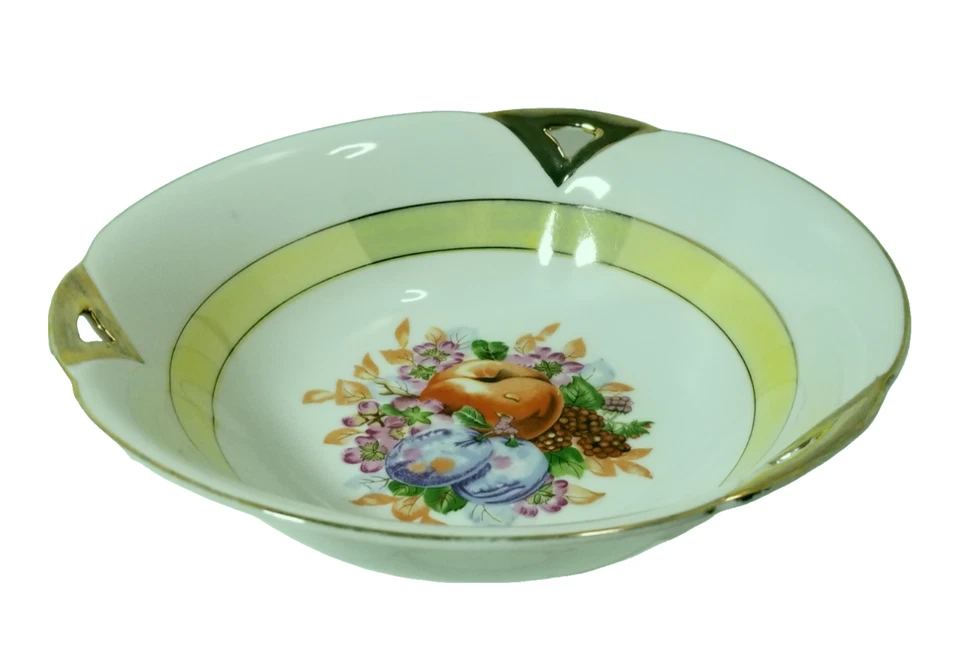 Tazón para servir vintage de oro blanco de 9" con diseño de frutas flores de ciruela amarillas decorativas Foto 2 de 4