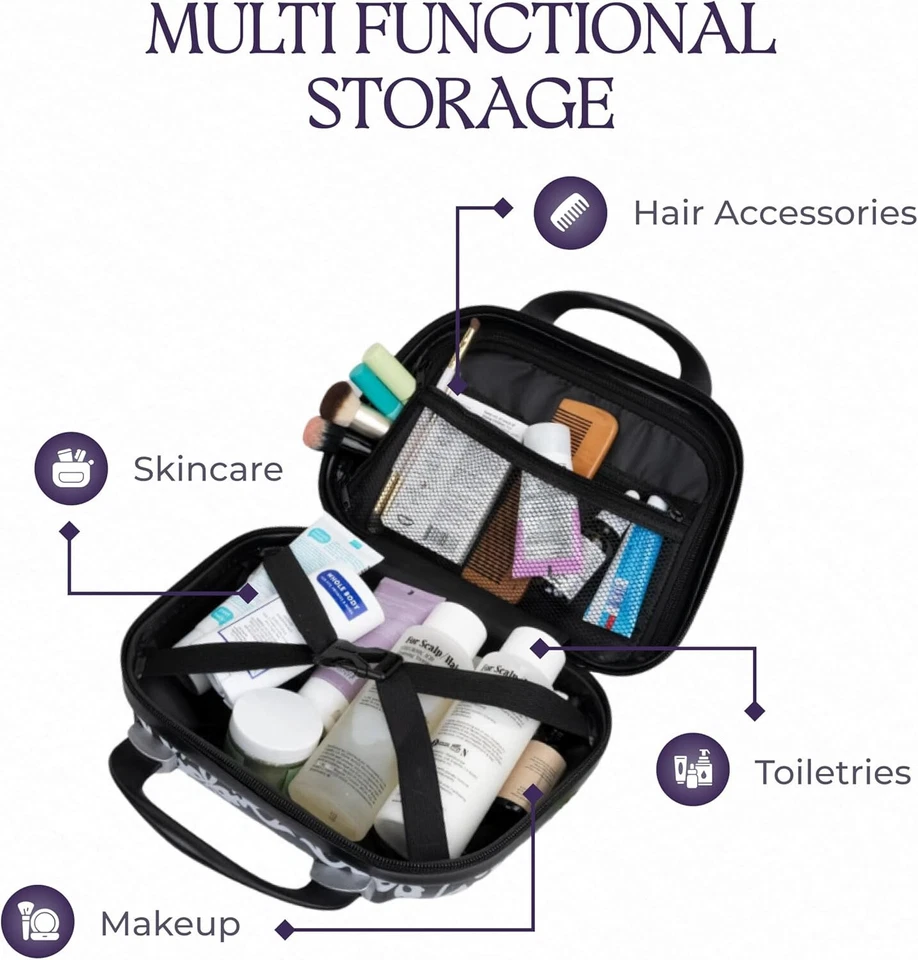 硬壳旅行化妆包,12 英寸迷你化妆包,肩带,锦缎黑色 — 第 4/4 张图片