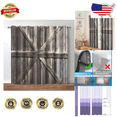 Rustic Wood Plank Blackout Curtains - Vintage Farmhouse Drapes, 42x54 Inch Set