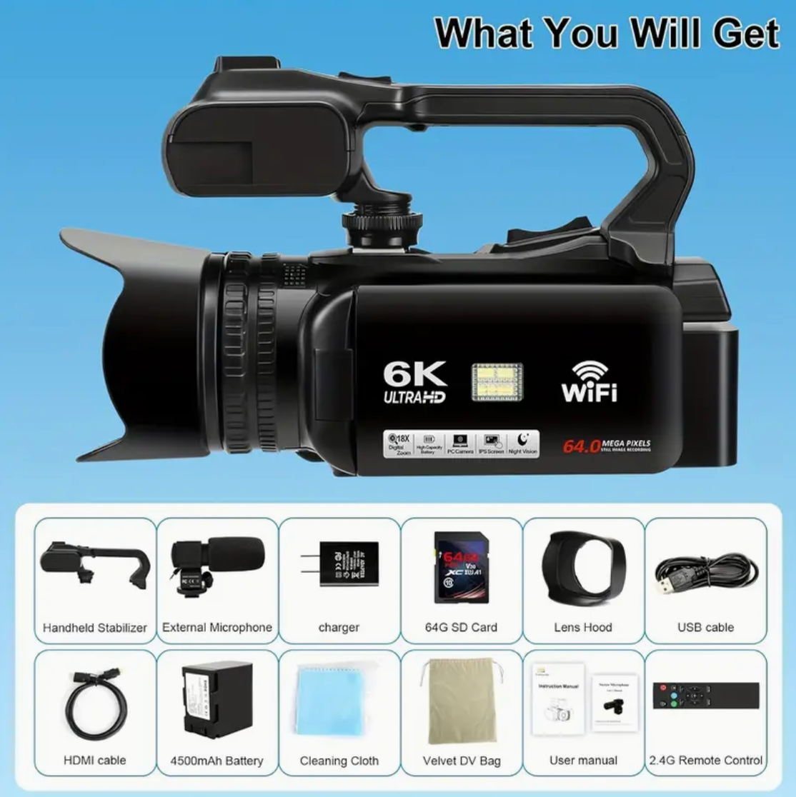 6K 64MP Video Camera Camcorder, 18X Digital Zoom IR Night Vision
