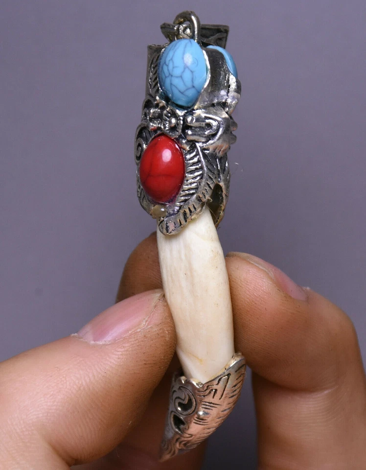 7 см старый Тибет серебро драгоценный камень кости династии дворец зуб амулет подвеска пара  - Изображение 4 из 4