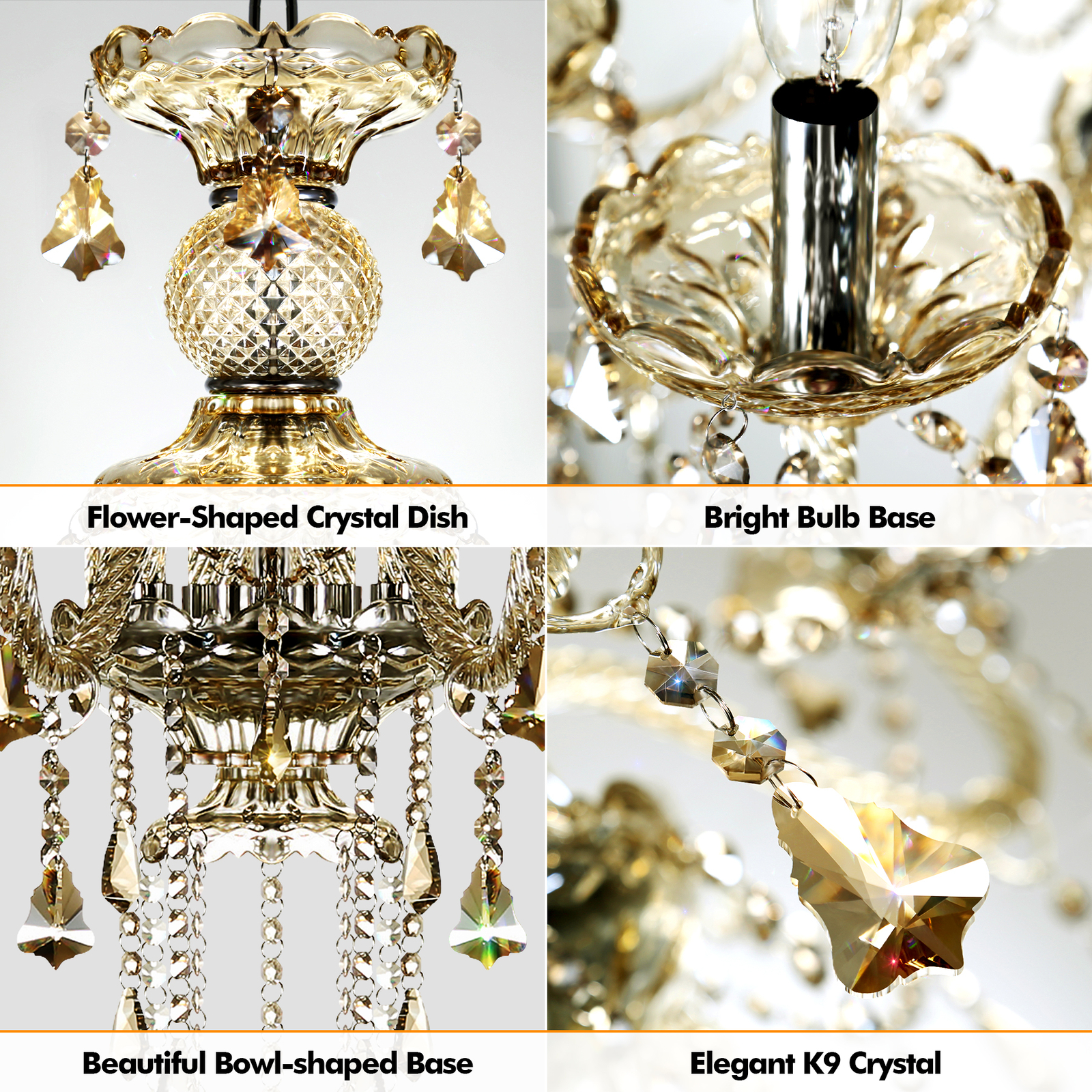 6/10/15 Arms Cognac Clear crystal Chandelier Ceiling Light Pendant