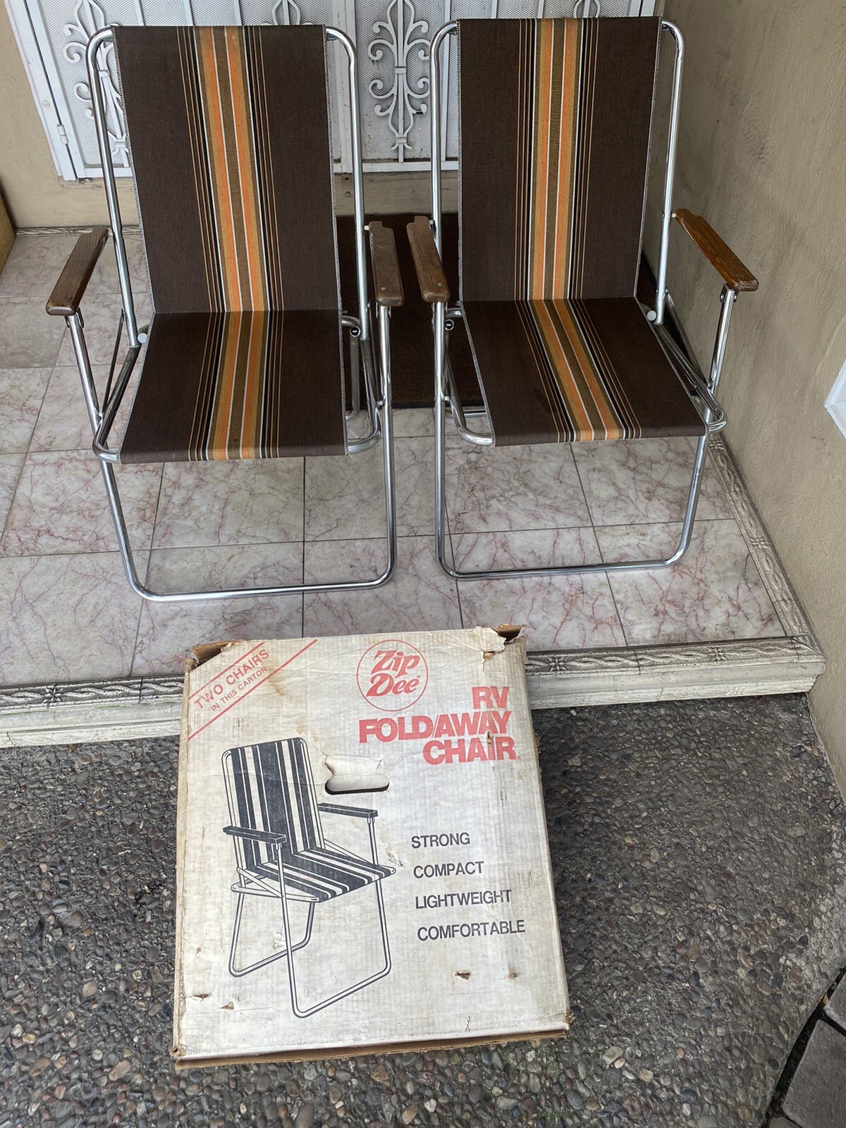 VINTAGE ZIP DEE AIRSTREAM RV FOLDAWAY CHAIR SET OF 2 WOOD ARMS STRIPED W/BOX eBay